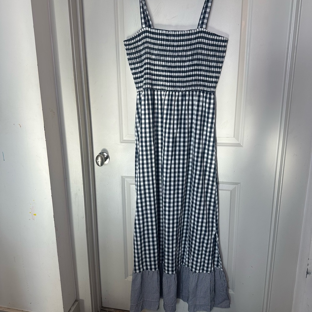 Amalli Talli Blue/White Gingham Check Cotton Smocked Front Maxi Tall Dress, XL - Picture 10 of 11